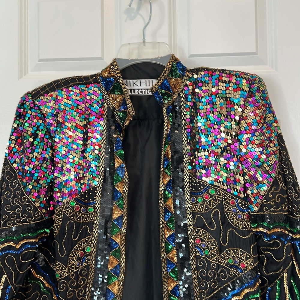 Nikhil Collection Luxury 100% Silk Sequined/Beaded Jacket - Size Large - Picture 2 of 9